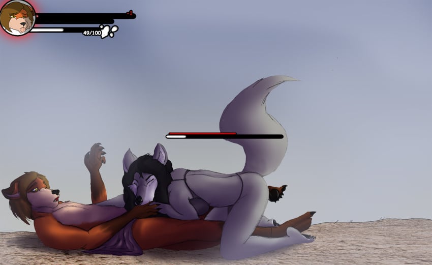 alfred_(umpherio) anthro anthro_only canine clothing defeat duo fellatio female fox frederika_(nintendarkland) health_bar jewelry loincloth lying male mammal oral sex simple_background umpherio wolf