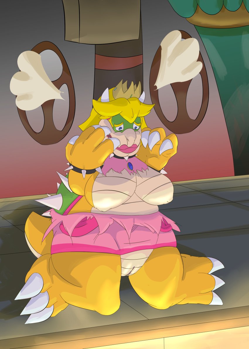 1girls anthro blue_eyes breasts claws crown dress dustyerror fat female female_only horn indoors koopa lipstick makeup mario_(series) nintendo nipples nude open_mouth overweight princess_koopa princess_peach pussy scalie slightly_chubby solo torn_clothes transformation wariza