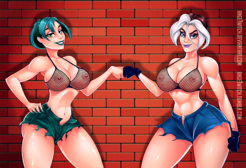 2girls ange1witch anna_marie aqua_eyes aqua_hair aqua_nails areola athletic athletic_female big_breasts black_hair blue_eyes breasts brick_wall brown_hair busty cleavage crossover cutoffs eyeshadow fishnet_bikini fishnet_top fishnets fist_bump fit fit_female gloves goth goth_girl green_eyes gwen_(tdi) hand_on_hip hourglass_figure jean_shorts lipstick looking_at_viewer makeup marvel multicolored_hair multiple_girls mutant nail_polish navel nipples open_fly partial_nudity partially_nude rogue_(evolution) rogue_(x-men) see-through short_hair short_shorts shorts smile superhero superheroine thick_thighs thighs total_drama_island two_tone_hair voluptuous white_hair white_streak x-men x-men_evolution