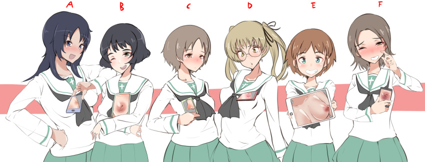 6+girls artist_request blush breasts girls_und_panzer maruyama_saki multiple_girls nipples ooarai_school_uniform oono_aya sakaguchi_karina sawa_azusa school_uniform simple_background small_breasts tsutsumori utsugi_yuuki white_background yamagou_ayumi