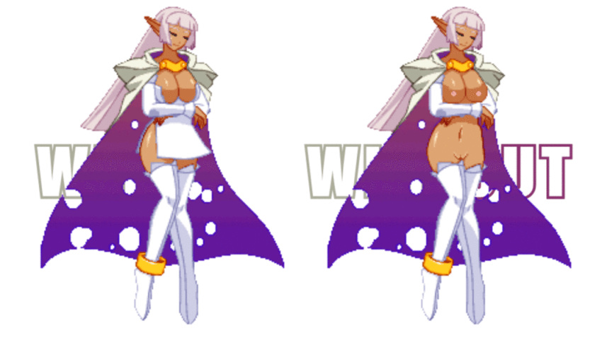 animated ankle_cuff anklet arcana_heart arm_sleeves bare belly big_breasts boots bracelet breasts cape cleavage closed_eyes clothed dark_skin dress female jewelry large_breasts legwear long_hair navel nipples no_panties open_mouth pannonique parace_l'sia pixel_art pointy_ears purple_cape pussy revealing_clothes smile thighhighs white_boots white_dress white_hair white_legwear with_without