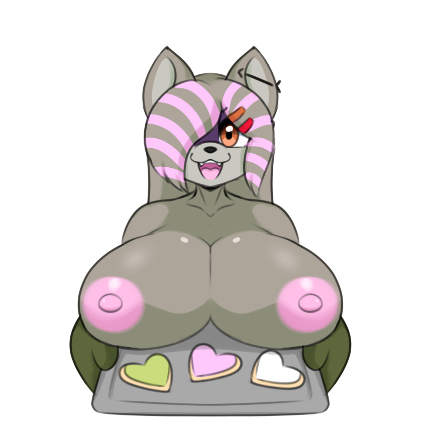 anthro baking_tray big_breasts breasts breasts_out cookies daria_(cringebird) earring furry highlights_(coloring) iamkat95 nipples nonbinary oven_mitts raccoon tagme ych_result