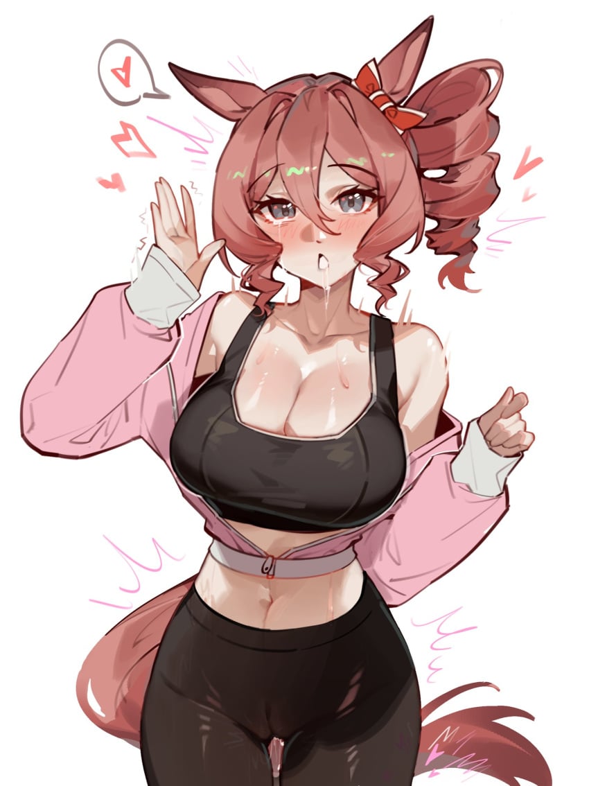 animal_ears baobao771100 black_pants blush blussh bow breasts brown_hair cleavage collarbone commentary drill_hair drool drooling ear_bow female grey_eyes hair_between_eyes hand_up heart highres horse_ears horse_girl horse_tail jacket large_breasts looking_at_viewer norn_ace_(umamusume) open_mouth pants pink_jacket pussy pussy_juice red_bow saliva short_hair side_ponytail simple_background solo spoken_heart sweat symbol-only_commentary tail umamusume umamusume:_cinderella_gray white_background yoga_pants