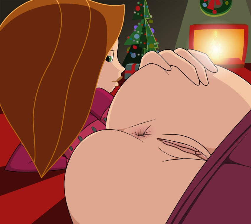 1girls accurate_art_style anus ass ass_grab christmas christmas_sweater christmas_tree disney disney_channel female_only fireplace kim_possible kimberly_ann_possible looking_at_viewer looking_back presenting_ass pussy randomrandom solo