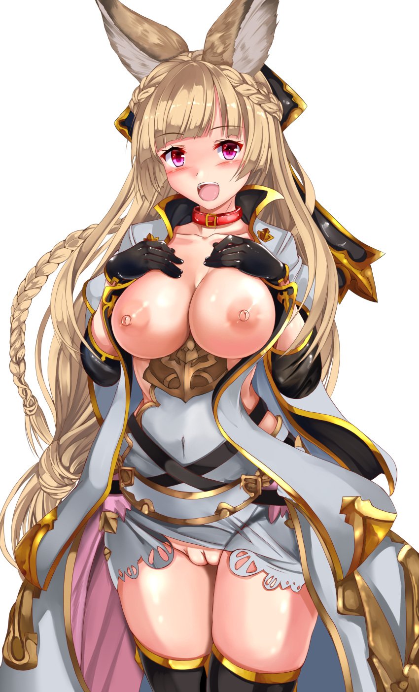 animal_ears breast_hold breasts granblue_fantasy nipples no_bra nopan open_clothes open_shirt pussy shirt thighhighs uchida_shou uncensored yuisis_(granblue_fantasy)