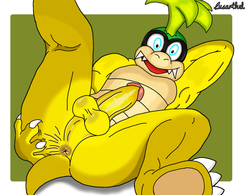 1boy 2017 animal_genitalia anthro anus ass balls barefoot erection eyewear front_view gaping gaping_anus glasses green_background humanoid_penis iggy_koopa koopa koopaling legs_up looking_at_viewer lusarthel lying male male_only mario_(series) nintendo nude on_back open_mouth penis perineum presenting presenting_anus presenting_hindquarters raised_leg scalie sharp_teeth shell-less signature simple_background smile solo spread_anus spread_legs spreading teeth testicles tongue white_border young