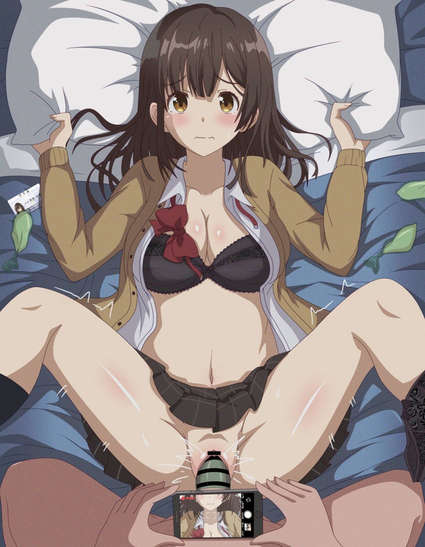 1boy absurdres bar_censor black_bra black_panties black_skirt bra breasts brown_cardigan camera cardigan cellphone censored cleavage clothes_lift commentary condom condom_on_penis english_commentary eufoniuz female hige_wo_soru._soshite_joshikousei_wo_hirou. highres id_card implied_prostitution looking_at_viewer m_legs male medium_breasts motion_lines multiple_condoms ogiwara_sayu open_clothes open_shirt paid_reward_available panties panties_around_one_leg penis phone pillow pillow_grab plaid_clothes plaid_skirt pov pov_crotch pussy recording revision school_uniform sex skirt skirt_lift smartphone spread_legs straight underwear used_condom vaginal_penetration