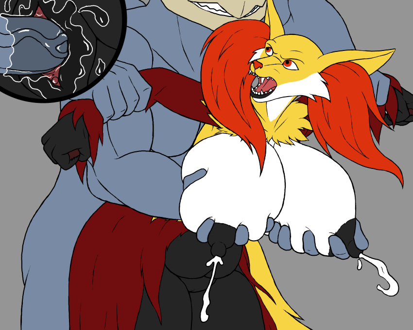 1boy 1girls angry areolae arm_grab armpits belly big_breasts black_fur breast_fondling breast_grab breast_milking breasts breasts_bigger_than_head canine clitoris closeup delphox dress fangs female fondling forced fox from_behind from_behind_position furry gigantic_breasts grey_background grey_penis grey_skin hand_on_breast huge_breasts interspecies karnator karnator_(artist) lactation looking_back machamp male milk milk_rape multi_arm multi_limb muscular muscular_male nintendo nipples nude open_mouth penetration penis pokemon pokemon_(species) pokemon_xy pokemorph prison_guard_position projectile_lactation pussy pussy_juice red_eyes red_fur restrained sex sex_from_behind size_difference slightly_chubby smile spread_arms standing straight teeth thick_thighs vaginal_penetration veins veiny_penis video_games wet white_fur wide_hips yellow_fur