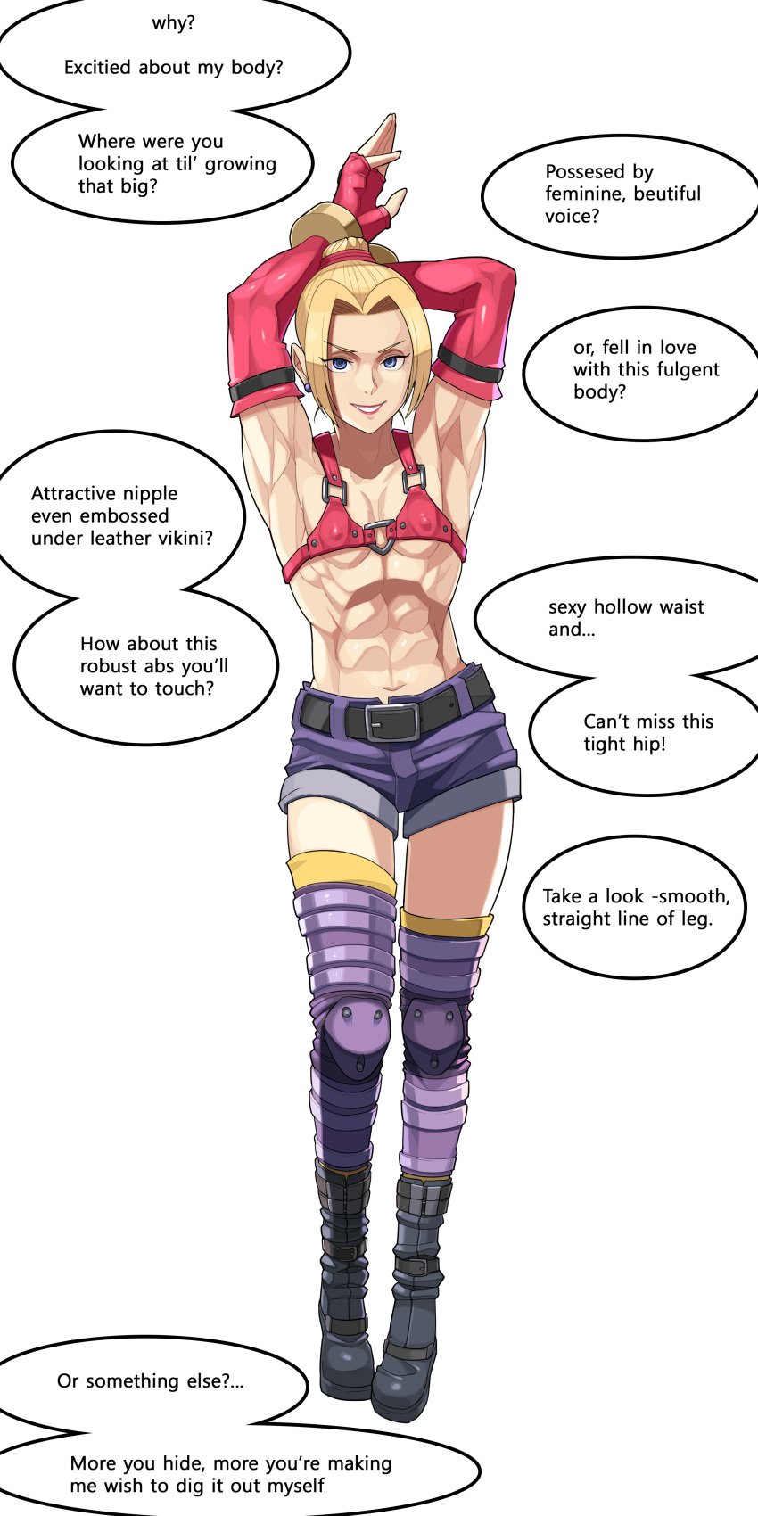 1boy abs ambush_(trap) androgynous armpits arms_up belt blonde_hair bloody_roar blue_eyes boots dialogue earrings elbow_gloves engrish eyebrows_visible_through_hair eyes_visible_through_hair femboy fingerless_gloves fox_(bloody_roar) full_body girly gloves gold_bracelet hans_taubemann high_ponytail hudson_soft iggler inviting jewelry knee_pads latex_gloves leather looking_at_viewer male_only muscle muscular_femboy muscular_trap naughty_face navel nipples_visible_through_clothing pearl_earrings pink_bra pink_gloves short_shorts smile speech_bubble talking_to_viewer text tied_hair toned trap