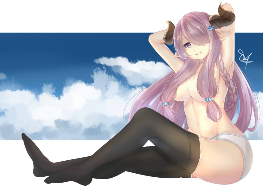 absurdres alternate_eye_color arms_up black_legwear breasts doraf female from_side granblue_fantasy hair_censor hair_over_breasts hair_over_one_eye highres horns large_breasts lavender_hair long_hair looking_at_viewer narmaya_(granblue_fantasy) navel panties parted_lips pointy_ears purple_eyes sidelocks sitting smile solo supremacy thighhighs topless underwear white_panties