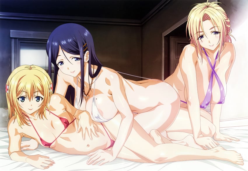 3girls absurdres barefoot bikini blonde_hair blue_hair breasts erect_nipples feet highres huge_filesize kamimura_akiko kamimura_chika kamimura_haruka large_breasts looking_at_viewer mother_and_daughter multiple_girls official_art scan siblings sisters sisters_~natsu_no_saigo_no_hi~ sling_bikini swimsuit taki_minashika thong thong_bikini toes