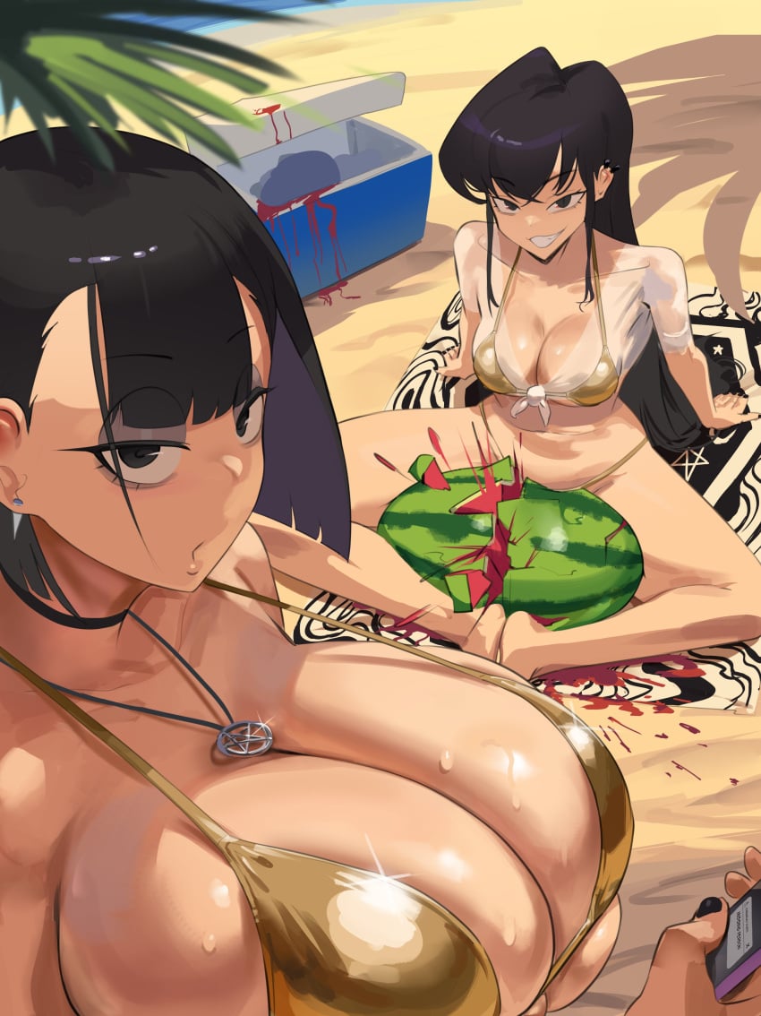 2girls beach big_breasts bikini black_hair blood_stain booruguru breasts_bigger_than_head cellphone collar fat_breasts female flat_belly food gold_bikini golden_bikini goth_(booruguru) huge_breasts ice large_breasts light-skinned_female light_skin long_hair looking_at_partner murderer original palm_tree sand short_hair sleaze_(booruguru) smug smug_face sweat sweatdrop sweating sweaty sweaty_breasts swimsuit thick_thighs thigh_crushing thunder_thighs top_heavy venus_body voluptuous voluptuous_female watermelon watermelon_crushing wide_hips