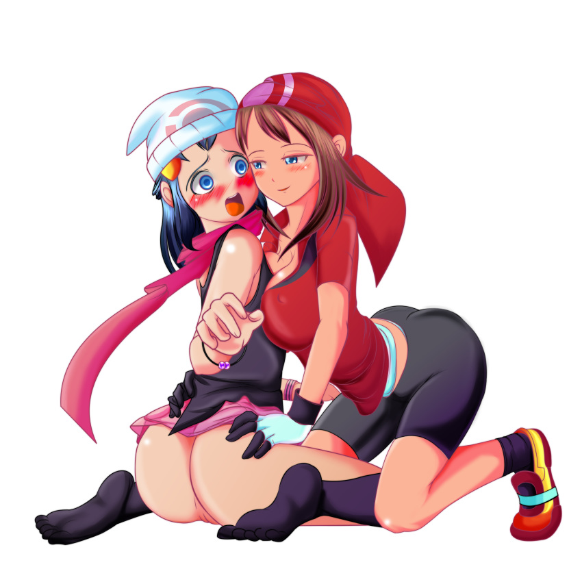 2girls ass bandana bike_shorts black_socks blue_eyes blue_hair blush bottomless bracelet breast_frottage breast_press breasts brown_hair cleavage dawn_(pokemon) erect_nipples eye_contact feet female female_only gloves half-closed_eyes hand_on_ass hat highres human human_only kneeling large_breasts long_hair may_(pokemon) multiple_girls nintendo no_panties open_mouth pokemon pokemon_dppt pokemon_rse pussy scarf shirt shoes short_hair shorts simple_background sitting skirt smile sneakers socks sweatband teeth toe_socks toes tongue wariza white_background wide-eyed xxangeluciferxx yuri