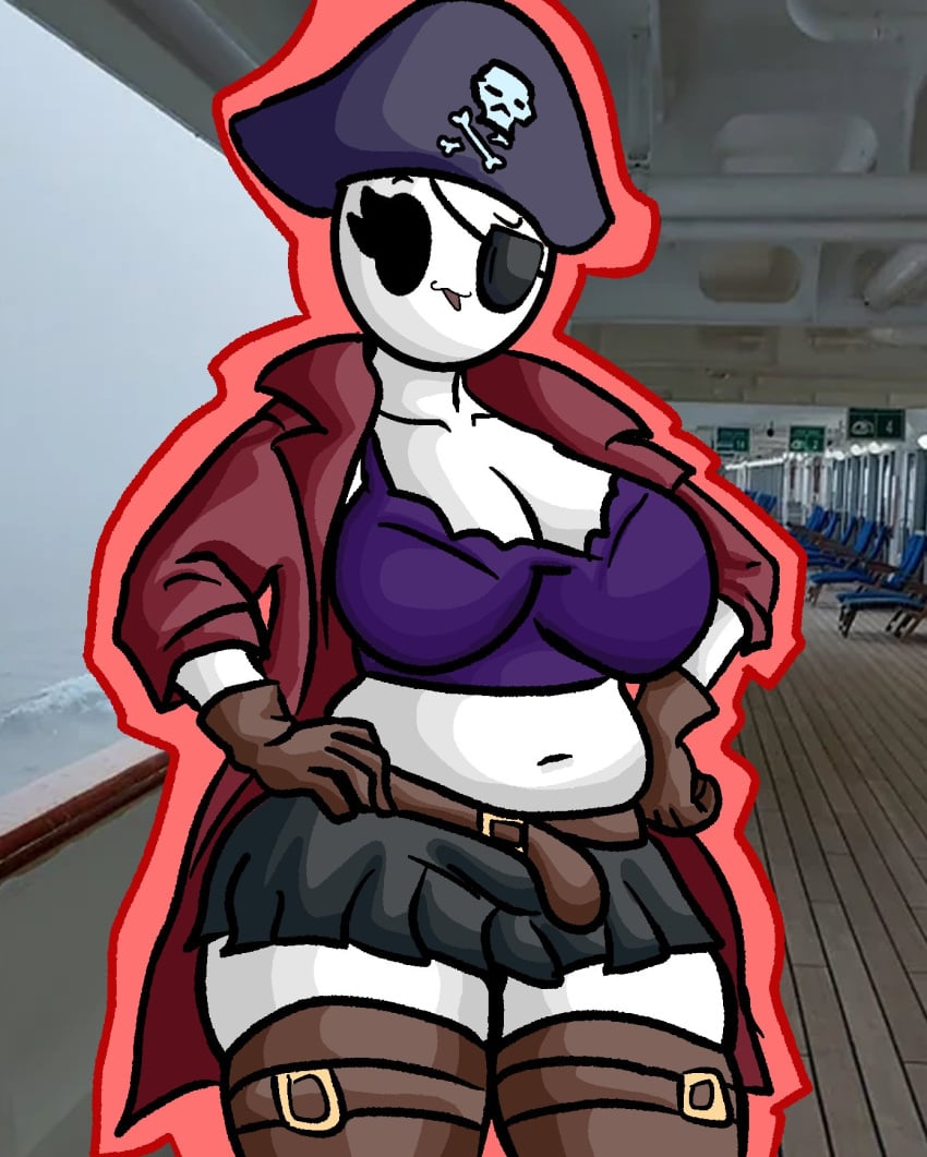 bald_female belly_button belt black_dress black_eyes breasts chetoh chubby chubby_female claire_(chetoh) cleavage coat dress egg eyepatch female female_focus female_only hand_on_hip oc open_mouth original original_character photo_background pirate_hat pirate_outfit purple_topwear red_coat skull stockings white_body