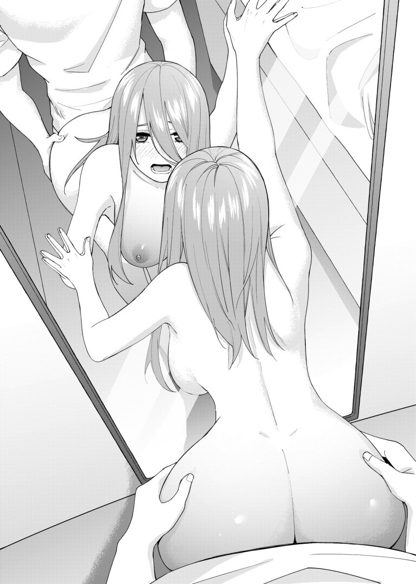 1girls absurdres against_mirror ass ass_cleavage back blue_eyes blush blushing breasts butt_crack collarbone convenient_censoring curtains dimples_of_venus doggy_style go-toubun_no_hanayome hair_censor hair_over_breasts highres huge_ass indoors kosmos_beta large_breasts lips looking_at_viewer looking_back midriff mirror nakano_miku reflection ribs sex solo stomach thighs wide_hips