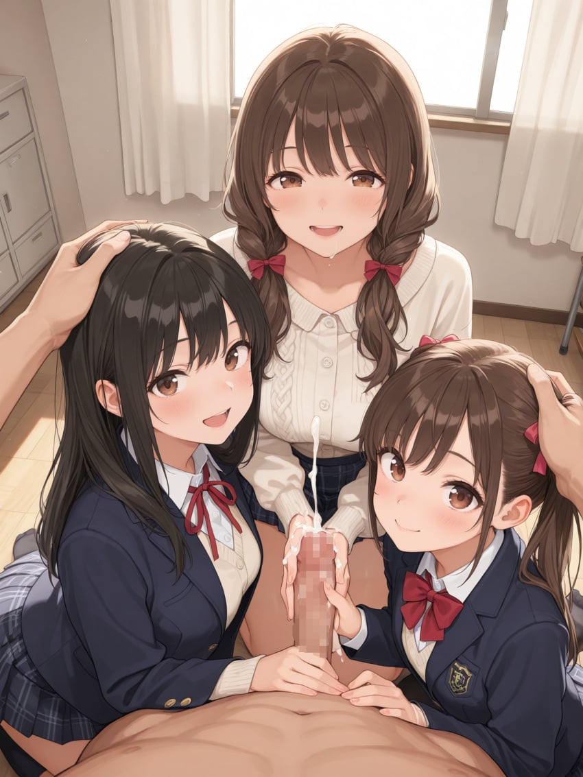 3girls ai_generated brown_hair cum cumshot handjob patorishiankuma school_uniform sweater