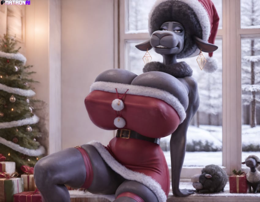 2020s 2024 ai_generated anthro big_breasts breasts christmas covered_nipples elderly_female female female_anthro female_focus female_only furry gilf huge_breasts hyper hyper_breasts illumination_entertainment looking_at_viewer matronai_(artist) mature mature_female nana_noodleman old older_female santa_dress sheep sing_(movie) skindentation smile veiny_breasts