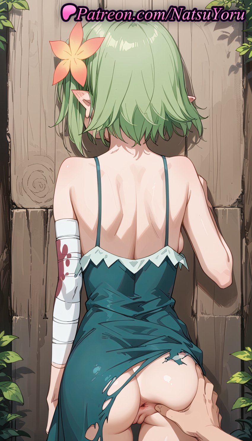 1boy 1girls against_wall ai_generated anime anime_style anus ass ass_grab asshole back backboob bandaged_arm bandages bare_shoulders blood blue_dress breasts bust busty cowboy_shot dress dress_lift elf elf_ears facing_away female flower flowers from_behind grabbing_another's_ass green_dress green_hair groping hair_flower hair_ornament hentai juicy_butt kono_subarashii_sekai_ni_shukufuku_wo! labia median_furrow medium_breasts natsuyoru no_panties non-asian orange_flower oshiri pointed_ears pointy_ears pov pussy short_hair shoulder_blades sleeveless small_breasts solo_focus spread_anus standing straight torn_clothes torn_dress tranquility_girl uncensored vagina voluptuous voluptuous_female