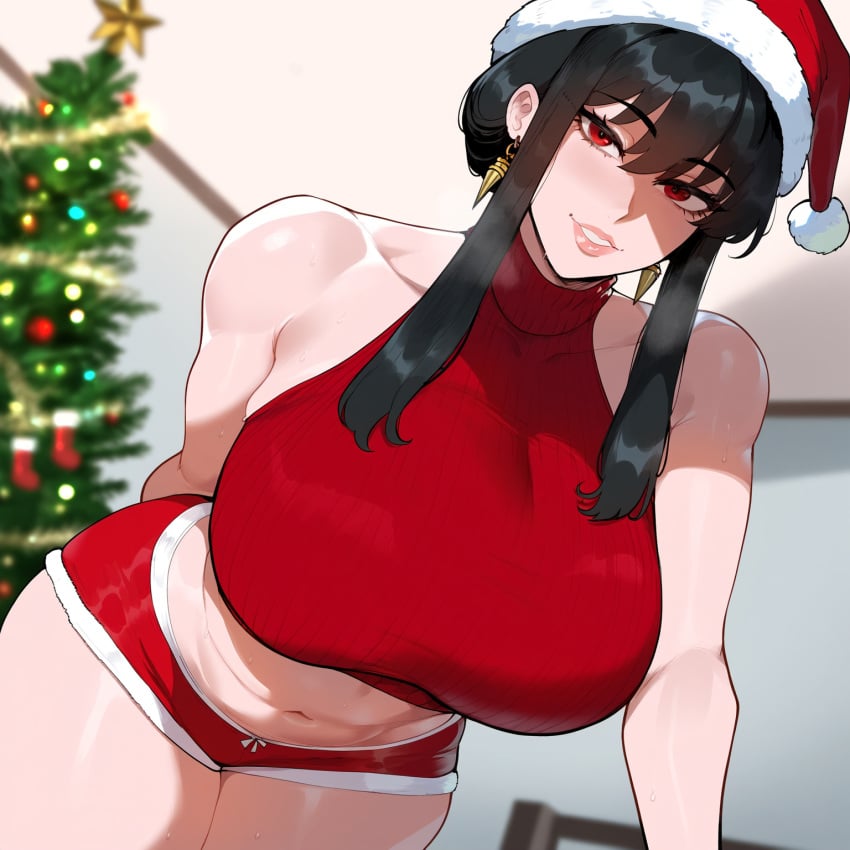 1girls ai_generated before_sex belly_button big_ass big_breasts black_hair christmas christmas_clothing christmas_outfit creamy_ai light_skin red_eyes sexual_tension sexy_belly sexy_body sexy_clothing solo spy_x_family sweat sweating thiccwithaq_(ai_style) thick_thighs yor_briar yor_forger