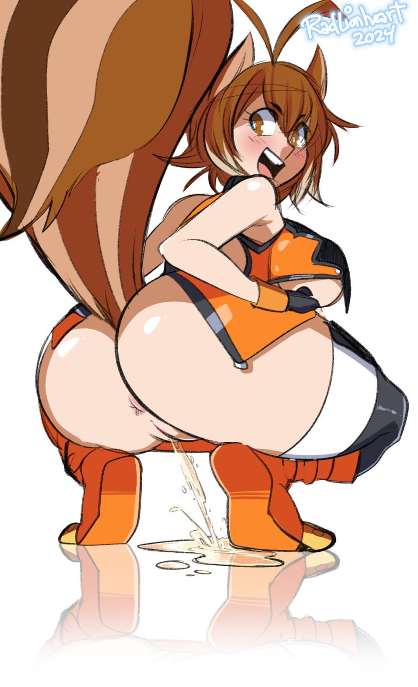 anus ass ass blazblue bottomless bottomless_female crouch crouching looking_at_viewer makoto_nanaya peeing peeing_self pubic_hair pussy radlionheart reflection reflective_floor squatted squatting squatting_female squirrel_tail urinating urinating_female urination urine urine_on_ground urine_pool urine_stream watersports