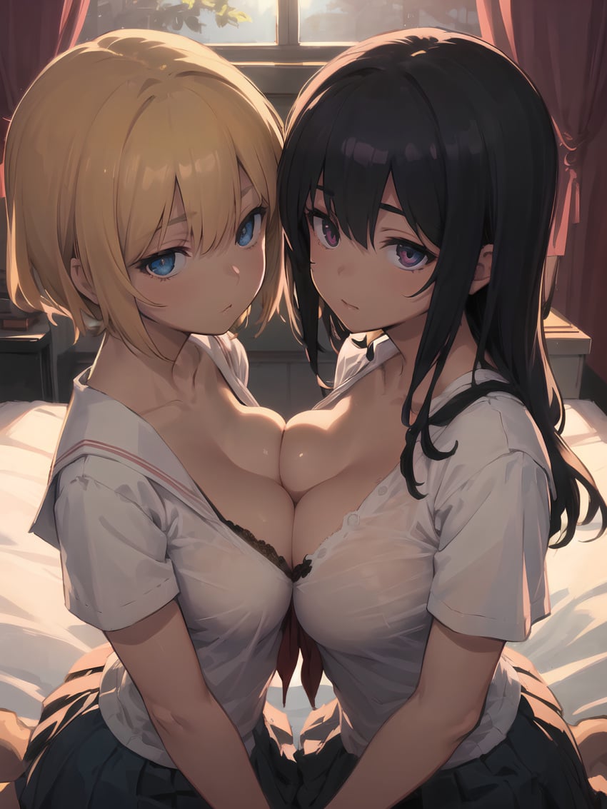 2girls adetailer ai_generated amagaeru bangs bed black_bra black_hair black_skirt blonde_hair blue_eyes bra breast_press breasts cleavage closed_mouth collarbone curtains hair_between_eyes indoors large_breasts long_hair looking_at_viewer mix-pro multiple_girls non-web_source original purple_eyes resized school_uniform short_hair short_sleeves skirt symmetrical_docking underwear upscaled window yuri