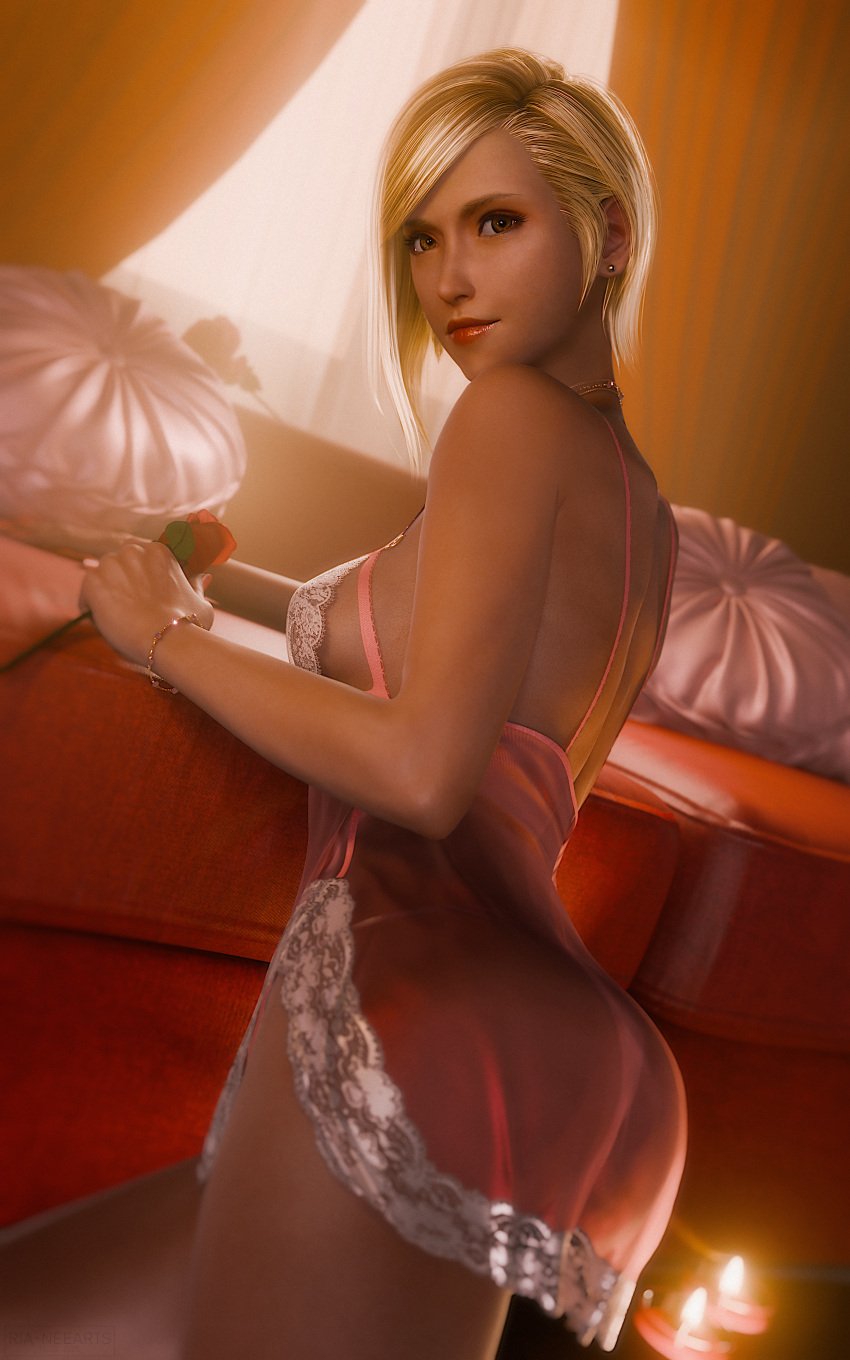 blonde_female blonde_hair bracelet brown_eyes earrings elena_(final_fantasy) final_fantasy_vii house lace lace_trim lingerie looking_at_viewer red_lipstick ria-neearts smile tagme waiting