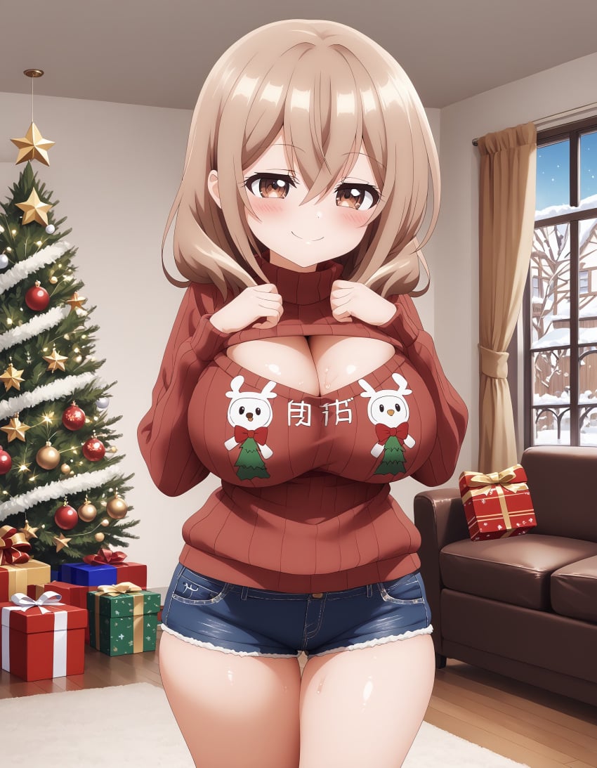 1girls ai_generated blush box breasts brown_eyes brown_hair christmas christmas_tree cleavage cleavage_cutout closed_mouth clothing_cutout couch cowboy_shot curtains cutoffs denim denim_shorts gift hair_between_eyes indoors katase_shiori large_breasts long_hair long_sleeves looking_at_viewer medium_hair my_tiny_senpai open-chest_sweater red_sweater ribbed_sweater short_shorts shorts shortstack smile solo stable_diffusion sweater thigh_gap thighs turtleneck turtleneck_sweater uchi_no_kaisha_no_chiisai_senpai_no_hanashi window