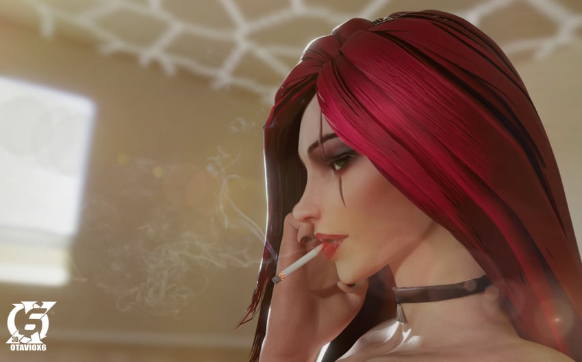 3d blowing_smoke cigarette female female_only green_eyes katarina_du_couteau league_of_legends light-skinned_female looking_at_viewer otaviox6 red_hair red_lipstick riot_games smoking