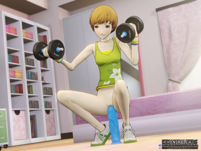 1girls 3d kikanshalewds orange_eyes orange_hair persona persona_4 riding riding_dildo satonaka_chie shoes squatting squatting_on_dildo weightlifting