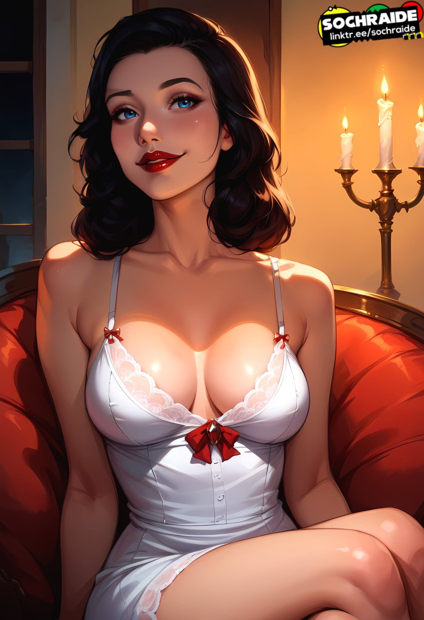 ai_generated bioshock bioshock_infinite black_hair blue_eyes burial_at_sea busty cleavage elizabeth_comstock elizabeth_comstock_(burial_at_sea) eyeshadow female female_focus female_only hourglass_figure lipstick long_hair makeup nightgown sitting sochraide tagme wide_hips