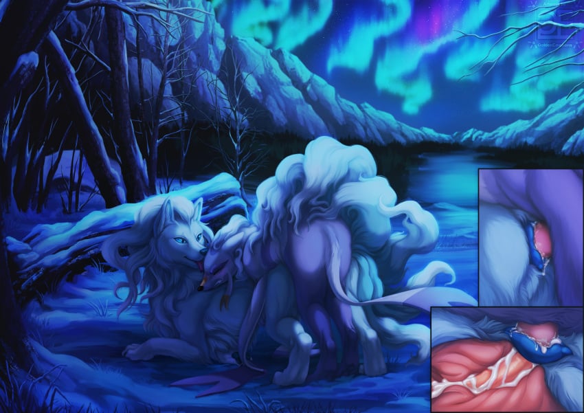 alolan_form alolan_ninetales animal_genitalia animal_pussy anthro aurora_(phenomenon) blue_body blue_eyes blue_fur bodily_fluids canid canine canine_genitalia canine_pussy close-up closed_eyes cum cum_in_pussy cum_inside doggy_style duo ejaculation female feral forest fox from_behind_position fur generation_1_pokemon generation_5_pokemon generation_7_pokemon genital_fluids genitals goldenemotions hair hi_res hug hugging_another hugging_from_behind internal interspecies licking looking_pleasured male male/female mammal mienshao mountain mythology night nintendo orgasm orgasm_face penetration penile penile_penetration penis penis_in_pussy plant pokemon pokemon_(species) purple_body purple_fur pussy regional_form_(pokemon) sex snow tongue tongue_out tree vaginal_fluids vaginal_penetration vaginal_penetration white_body white_fur