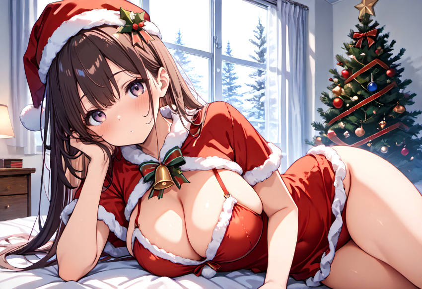 absurdres adetailer ai_generated amagaeru bell breasts brown_eyes brown_hair christmas christmas_tree cleavage copycat_(model) hair_ornament hat highres large_breasts long_hair lying non-web_source original resized santa_costume santa_hat self-upload snow underwear upscaled winter