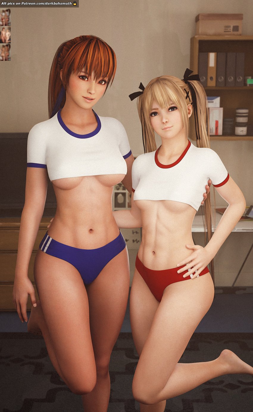 2girls 3d 3d_(artwork) abs belly darkbahamuth dead_or_alive female kasumi_(doa) marie_rose midriff petite pinup sports_uniform teenage_girl teenager tummy underboob young