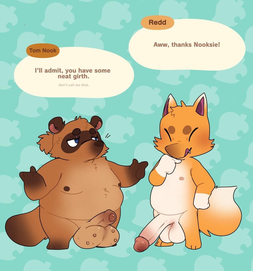 absurd_res animal_crossing anthro balls belly big_balls big_belly big_penis big_tail blue_eyes bodily_fluids brown_body brown_fur canid canine circle_eyebrows crazy_redd cute_fangs dialogue duo eyebrows facial_markings fangs foreskin fox fur genitals gesture gradient_fur hair hand_gesture hand_on_face hand_on_hip head_markings hi_res licking licking_lips licking_own_lips male mammal markings mask_(marking) medium_penis moobs naughtygoblinz nintendo orange_body orange_fur overweight overweight_male pattern_background penis pointing ponytail raccoon_dog simple_background speech_bubble sweat sweaty_balls sweaty_genitalia tail tan_markings tanuki teeth tom_nook_(animal_crossing) tongue white_markings