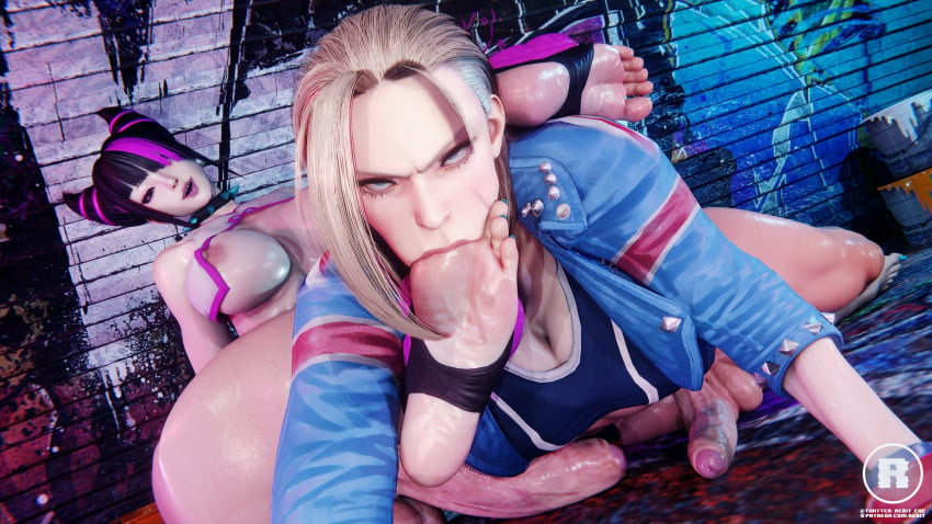 2futas 3d 3d_(artwork) balls barefoot cammy_white capcom feet foot_fetish futa_on_futa futadom futanari futasub juri_han penis rebit street_fighter street_fighter_6 sucking_toes toes_sucking