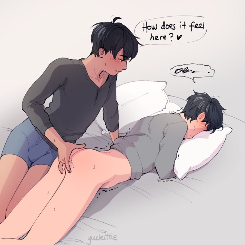 2boys anal ass blush bottomless fingering katsuki_yuuri male_only multiple_boys phichit_chulanont pillow sweat text underwear wince yaoi yuckittie yuri!!!_on_ice