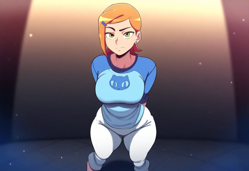 1girls aged_up ai_generated alternate_breast_size ben_10 big_breasts cartoon_network female female_only frown green_eyes gwen_tennyson high-angle_view large_breasts looking_at_viewer mullon novelai orange_hair solo thick_thighs