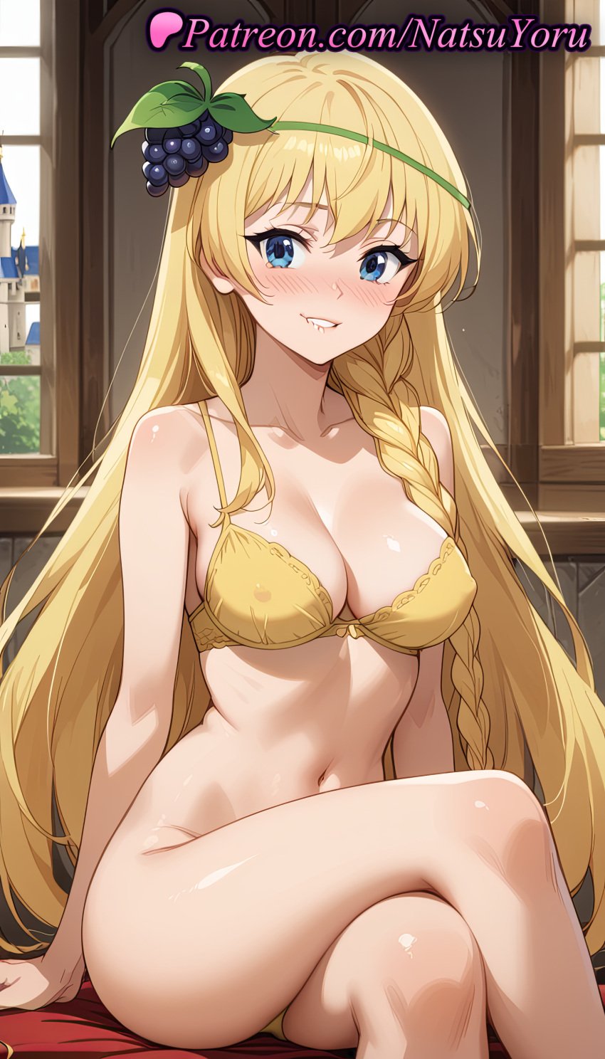 1girls ai_generated anime anime_style bangs bare_arms bare_shoulders bikini blonde_hair blue_eyes blush blushing bottomless bra braid breasts bust busty cleavage clothing collarbone covered_nipples crossed_legs feet_out_of_frame female female_focus female_only food food-themed_hair_ornament fruit grapes grin hair_ornament indoors iris_(konosuba) kono_subarashii_sekai_ni_shukufuku_wo! large_breasts legs long_hair looking_at_viewer medium_breasts natsuyoru navel nose_blush panties parted_lips side_braid single_braid sitting smile solo solo_female stomach swimsuit teeth thighs underwear underwear_only very_long_hair voluptuous voluptuous_female window yellow_bra yellow_panties