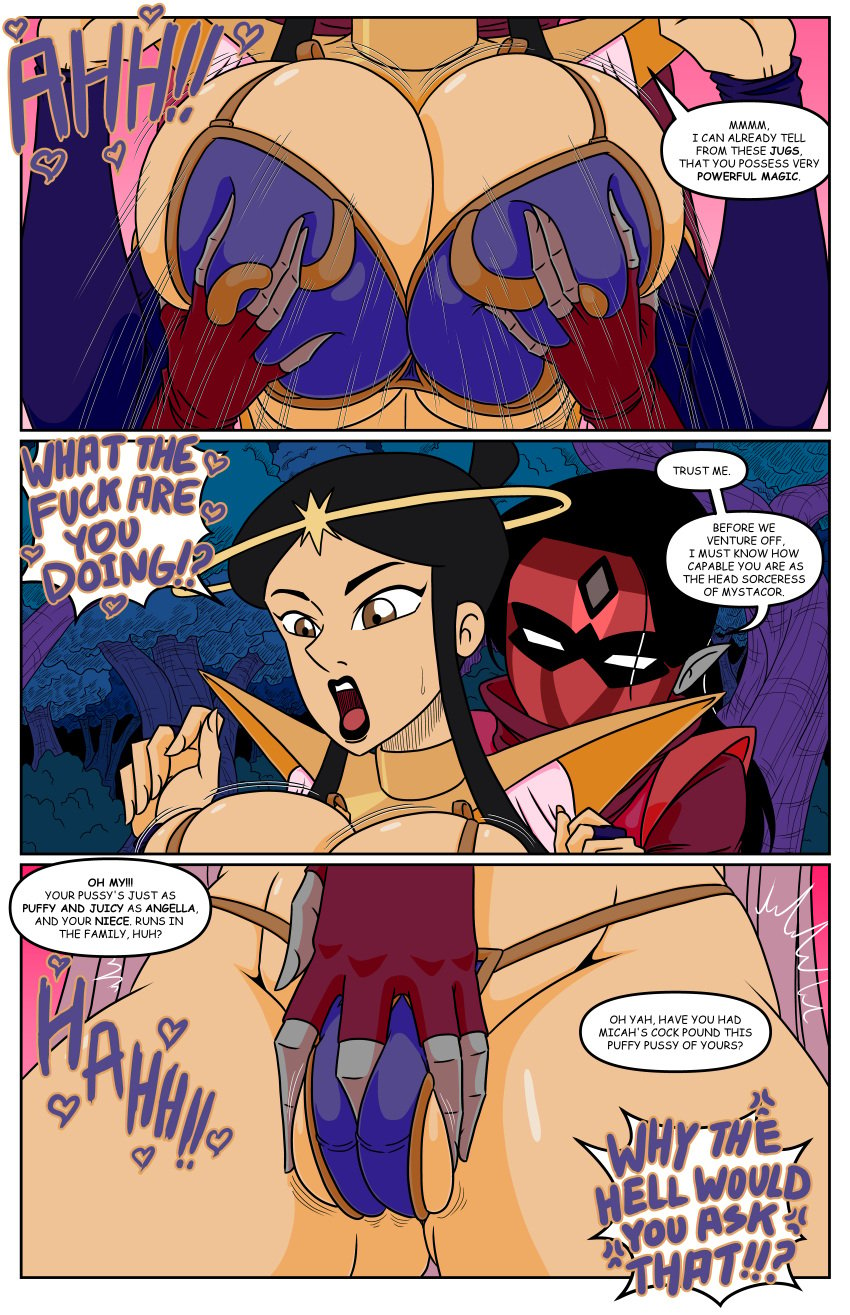 background big_breasts black_hair blue_bikini breast_grab breast_squeeze breasts_bigger_than_head brown_eyes castaspella comic fat_pussy groping groping_breasts groping_from_behind groping_pussy large_labia mask milf puffy_pussy shadow_weaver she-ra_and_the_princesses_of_power speech_bubble squeezing_breast squeezing_pussy thathornybastard