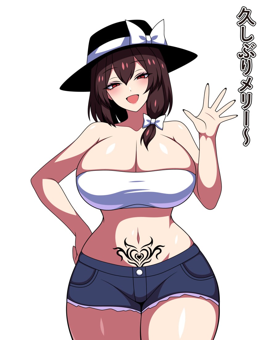 1girls 2d bare_shoulders belly belly_button big_breasts breasts brown_hair brown_hair cleavage crop_top female hair_ribbon hat hat_bow japanese_text looking_at_viewer midriff open_mouth pubic_tattoo red_eyes renko_usami shiny_hair shiny_skin short_hair short_shorts shorts smile solo source ssaf ssaf52913778 ssaf_seibeupail standing thick_thighs touhou usami_renko waving waving_at_viewer white_background