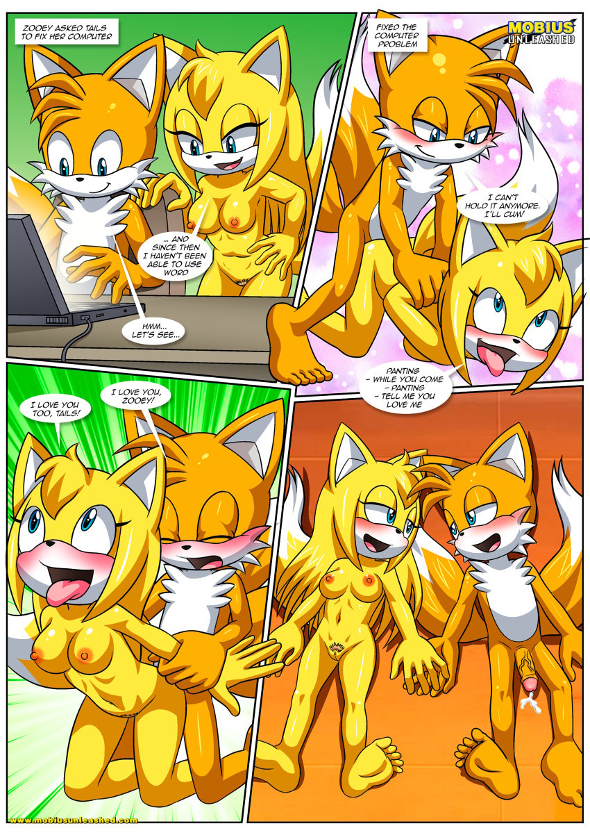 1boy 1girls after_sex anthro barefoot bbmbbf blush breasts comic completely_nude cum dialogue feet female humanoid_feet let_me_love_you_(comic) male male/female mobian_(species) mobius_unleashed naked nipples nude palcomix penetration pussy sega sex soles sonic_(series) sonic_boom sonic_the_hedgehog_(series) speech_bubble tails tails_the_fox toes zooey_the_fox