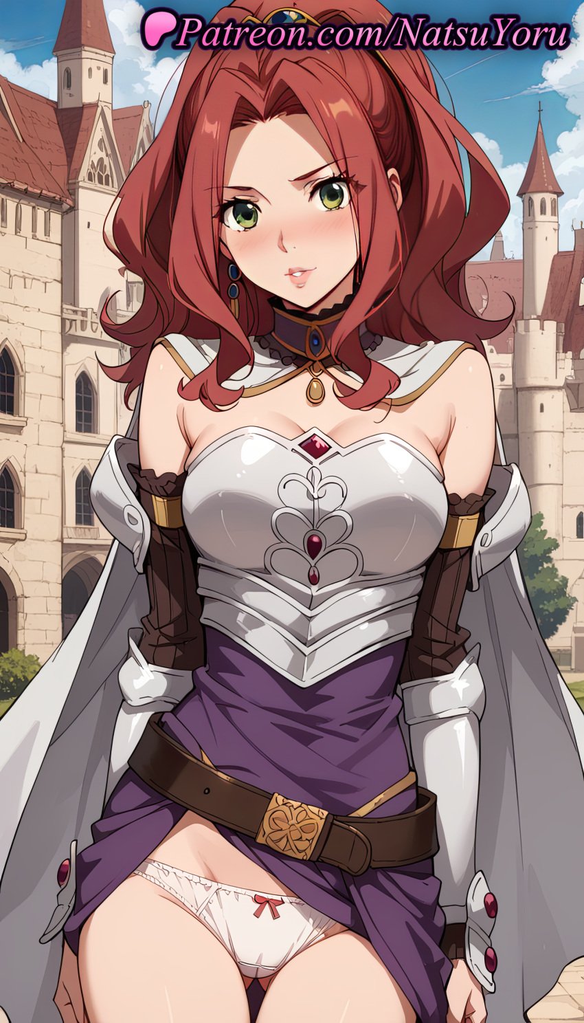 1girls ai_generated anime anime_style armor ass_visible_through_thighs bangs bare_shoulders belt bitch_(shield_hero) blue_sky blush bow bow_panties breastplate breasts brown_hair bust busty cameltoe cape castle cleavage clothes_lift cloud cowboy_shot day detached_sleeves dress dress_lift earrings female female_focus female_only gauntlets green_eyes hentai jewelry lips long_hair looking_at_viewer malty_s_melromarc medium_breasts natsuyoru outdoors panties pantsu parted_bangs parted_lips ponytail purple_dress purple_skirt red_hair skirt skirt_lift sky solo solo_female standing strapless strapless_dress tate_no_yuusha_no_nariagari the_rising_of_the_shield_hero thigh_gap underwear vambraces voluptuous voluptuous_female white_cape white_panties