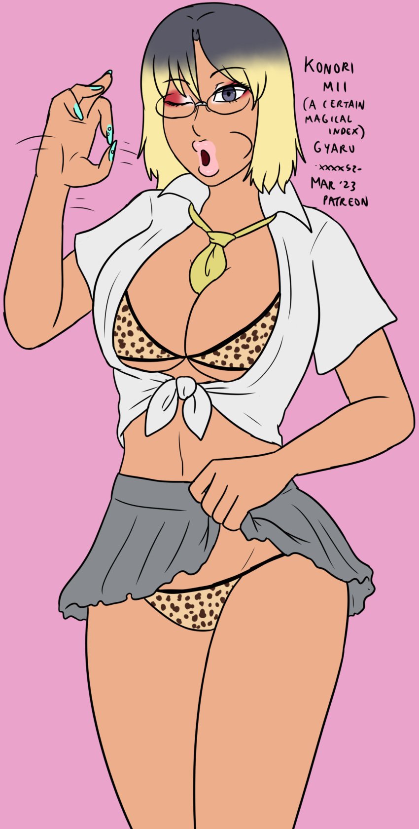 big_breasts bimbo bimbofication black_hair blonde_hair bra cleavage dyed_hair female female_only glasses gray_skirt grey_eyes konori_mii leopard_print open_mouth open_shirt painted_nails panic school_uniform skirt_lift teasing to_aru_kagaku_no_railgun to_aru_majutsu_no_index transformation white_shirt xxxx52 yellow_ribbon