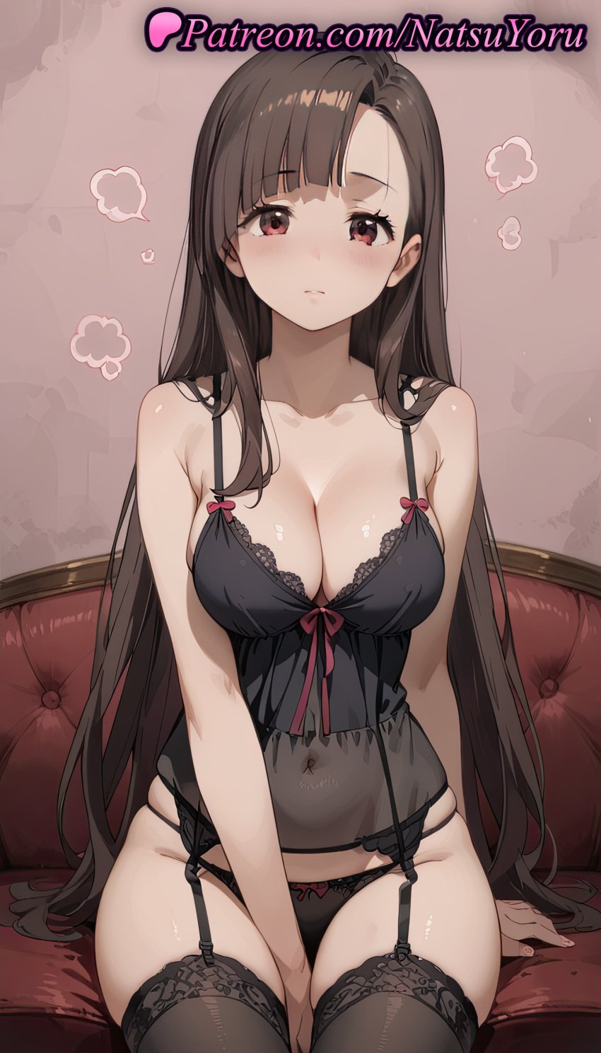 1girls ai_generated anime anime_style arm_behind_back arm_support asian asymmetrical_bangs babydoll bangs bare_arms bare_shoulders between_legs black_camisole black_garter_belt black_hair black_panties black_thighhighs blunt_bangs blush bow bow_panties breasts brown_hair bust busty camisole cleavage closed_mouth collarbone couch covered_navel female female_focus female_only female_solo garter_belt garter_straps hand_between_legs hentai kono_subarashii_sekai_ni_shukufuku_wo! lace-trimmed_legwear lace_trim large_breasts lingerie long_hair looking_at_viewer natsuyoru navel on_couch panties pantsu parted_lips red_eyes see-through sitting skindentation solo solo_female spaghetti_strap straight_hair string_panties thighhighs thighs underwear underwear_only very_long_hair voluptuous voluptuous_female yuiyui_(konosuba)