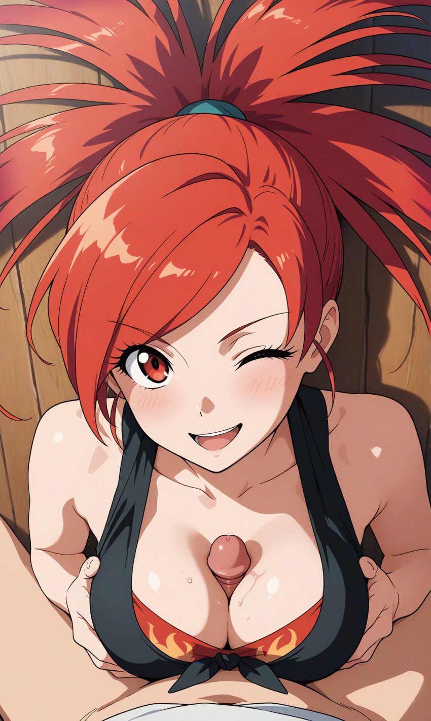 1boy 1girls ai_generated bare_arms blush breast_grab cleavage close-up flannery_(pokemon) flannery_(pokemon_oras) front-tie_top kslgsnb laying_on_back medium_breasts one_eye_closed open_mouth paizuri paizuri_under_clothes pixai pokemon pokemon_rse pov red_eyes red_hair seductive seductive_smile sleeveless smile straddling_paizuri tied_hair tied_shirt titfuck_under_clothes titjob titjob upper_body wink winking_at_viewer