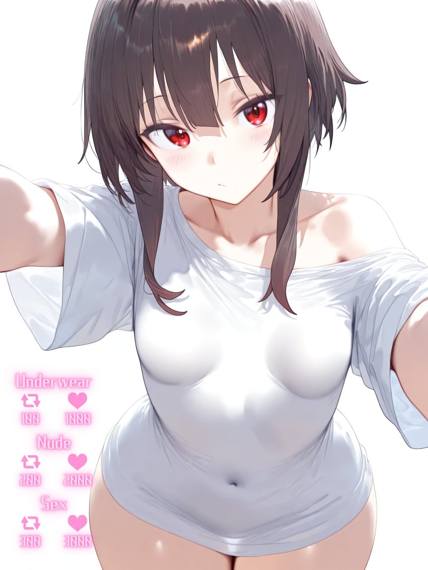 ai_generated april68th bare_legs belly_button bending_forward bending_over big_ass embarrassed embarrassed_female kono_subarashii_sekai_ni_shukufuku_wo! long_hair looking_at_viewer megumin red_eyes selfie selfie_pose shirt_only slim_waist small_breasts teenager thick thick_thighs tied_hair tight_fit wide_hips