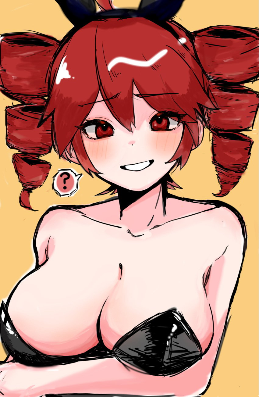 1girls 2d 2d_(artwork) artist_request blush breasts bunnysuit cleavage crossed_arms female female_only hairband holding_breast kasane_teto large_breasts question_mark red_eyes red_hair solo twin_drills utau