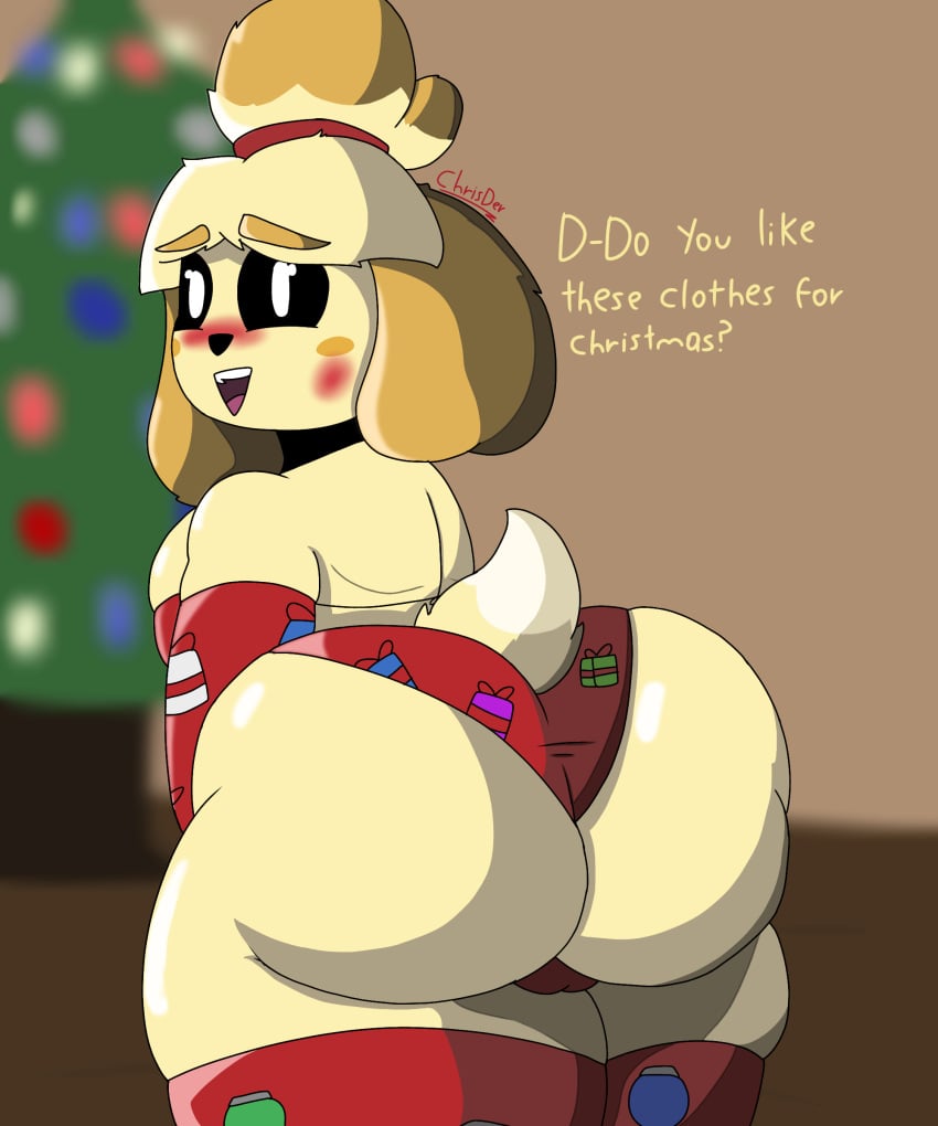 animal_crossing ass ass_focus back_view blush christmas eldaminuwu furry isabelle_(animal_crossing) looking_at_viewer nintendo