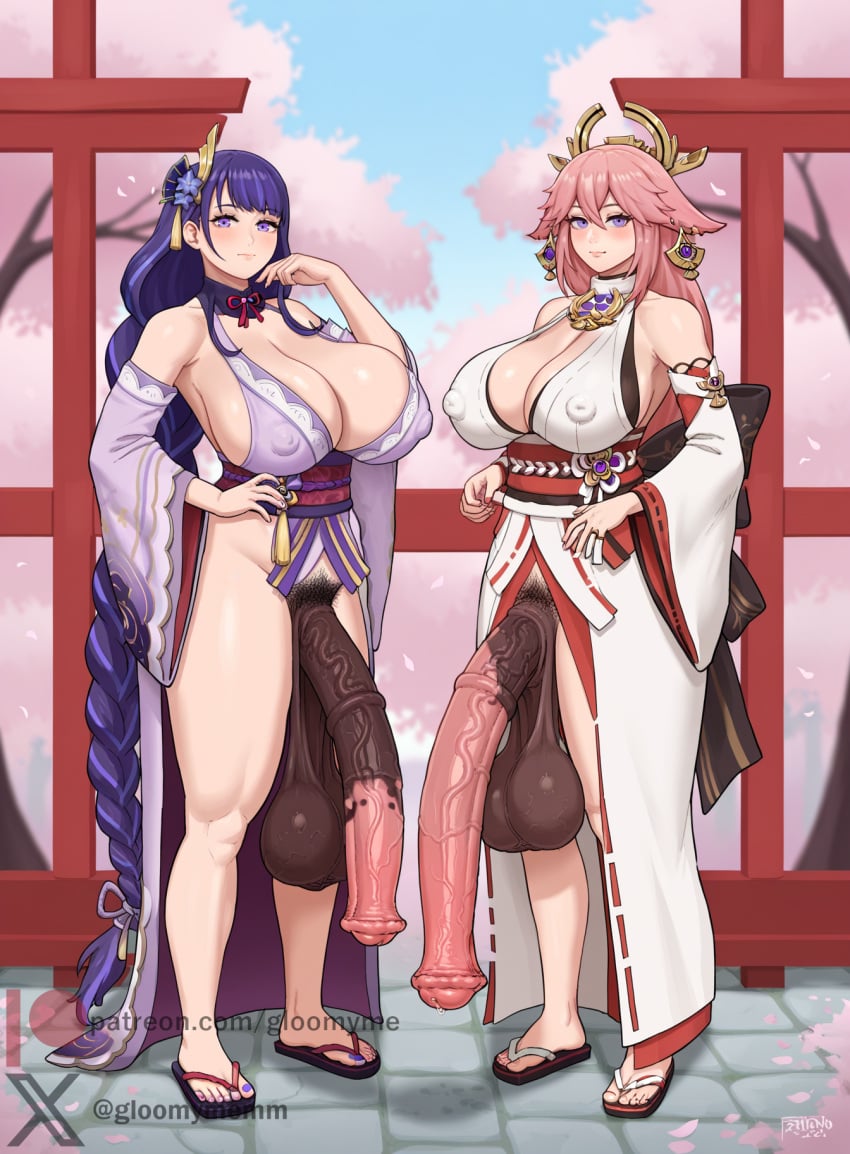 2futas ai_generated blue_hair cleavage covered_nipples flaccid futanari genshin_impact gloomyme horsecock horsecock_futanari horsecock_on_humanoid huge_balls huge_cock japanese_clothes large_penis looking_at_viewer multiple_futa patreon_username pink_hair pubic_hair raiden_shogun sagging_balls sandals twitter_username watermark yae_miko