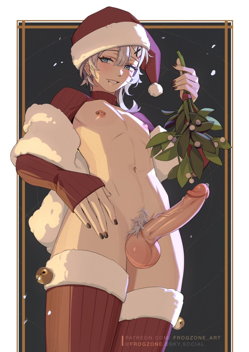 1boy 2024 absurd_res armwear balls christmas cowboy_shot erection femboy frogzone frogzone_art from_below functionally_nude genshin_impact hi_res hoyoverse light-skinned_male light_hair looking_at_viewer lyney_(genshin_impact) male_focus male_only mistletoe nail_polish navel nipple_piercing nipples patreon_username penis piercing precum pubic_tuft santa_hat smooth_skin solo_male thighhighs